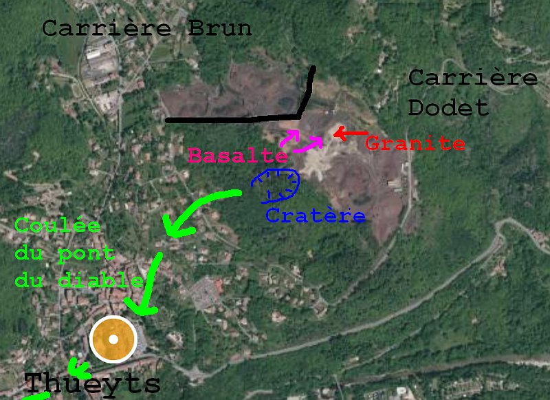 vue aérienne de Thueyts (source géoportail) annotée avec les observations géologiques de la sortie